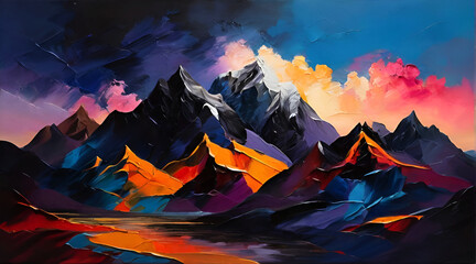 oil painting sunset in the mountains