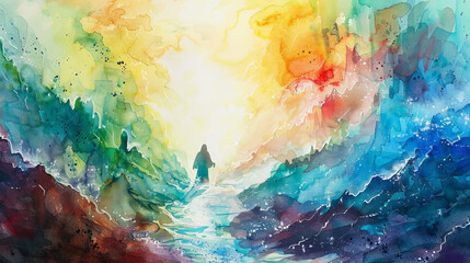Fototapeta na wymiar Vibrant watercolors depict a small figure surrounded by a dreamlike waterfall landscape and sunlight