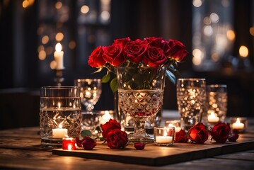 Fototapeta na wymiar candles and roses on table