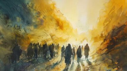 A panoramic watercolor landscape depicts a crowd of people journeying through golden, misty mountains