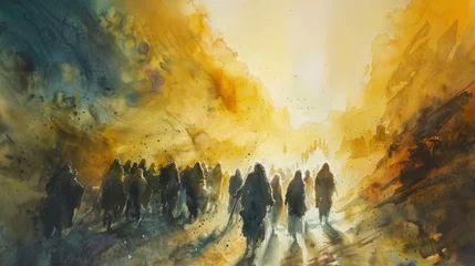 Rolgordijnen A panoramic watercolor landscape depicts a crowd of people journeying through golden, misty mountains © Daniel