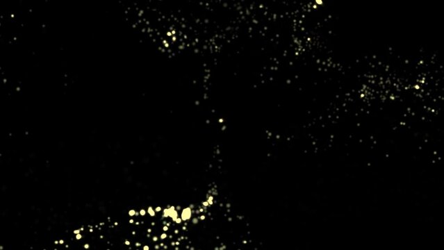 Particle gold dust flickering on black background. Abstract Footage background for text. Gold Particles Moving Background. fast energy flying wave line with flash lights. Particle from below. 