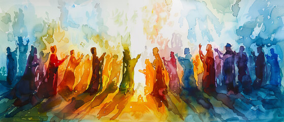 Vibrantly hued silhouettes of people with arms raised are depicted in a watercolor sunrise scene