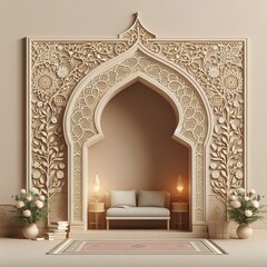 Arabic style archway with pillars and arches with traditional pattern islamic Background in in beige color. Ornate decorations building room and mosque.