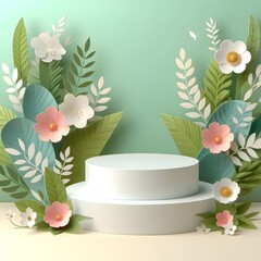 3d render of white podium Mockup with flowers, leaves and plants.