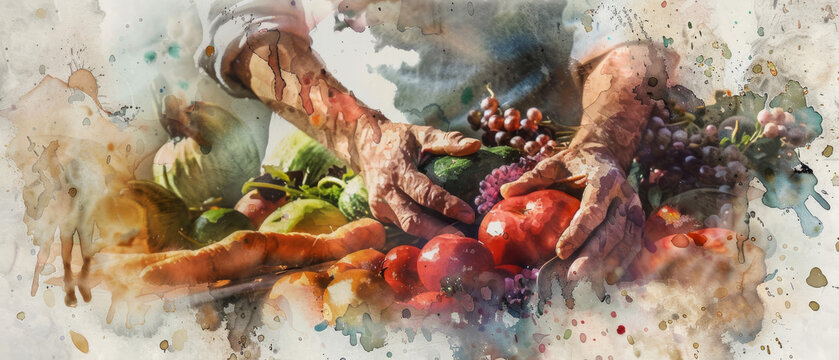 A vibrant and modern still life painting showcasing a person holding a variety of colorful fruits and vegetables, created with skillful use of acrylic and watercolor paints