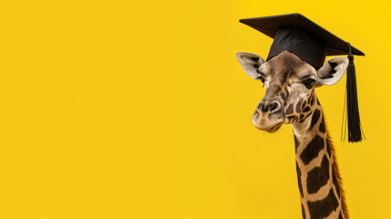 Girafa vestindo beca de formatura e chapéu isolado no fundo amarelo - obrazy, fototapety, plakaty