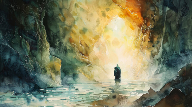 A captivating watercolor depicting a lone figure standing in awe within the majestic depths of a cave