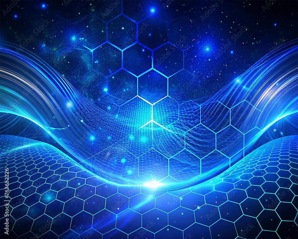 Poster abstract technology background with hexagons and glowing particles. vector illustration.