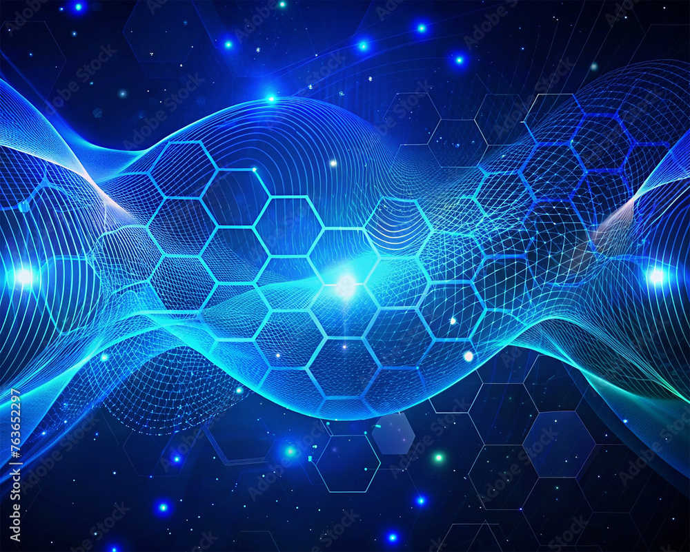 Poster abstract technology background with hexagons and glowing particles. vector illustration.