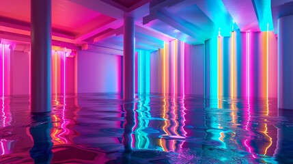 An immersive 3D illustration of abstract neon lights, offering a fluorescent glow and reflections on water, perfect for an exhibition background - obrazy, fototapety, plakaty