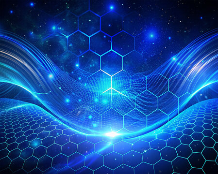 Abstract technology background with hexagons and glowing particles. Vector illustration.