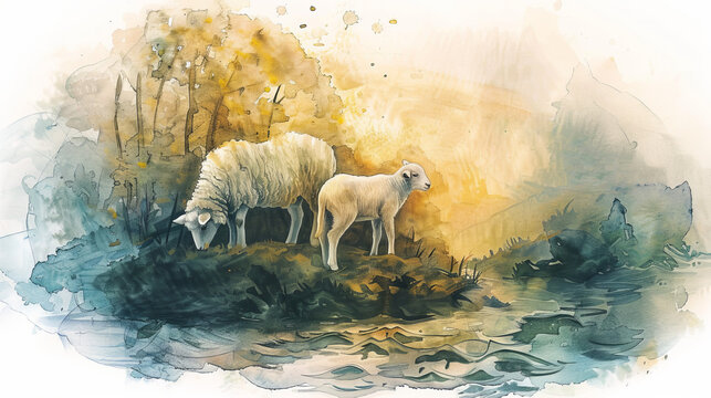A delightful watercolor captures the charm of a flock of sheep, including a playful baby, in this charming animal painting