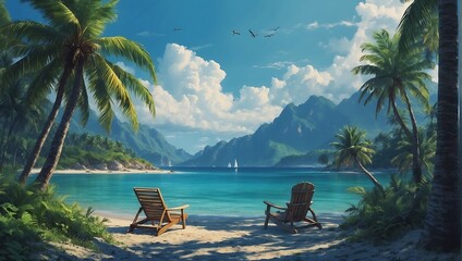 Tropical beach paradise with palm trees clear blue water sandy beach Generative AI - obrazy, fototapety, plakaty