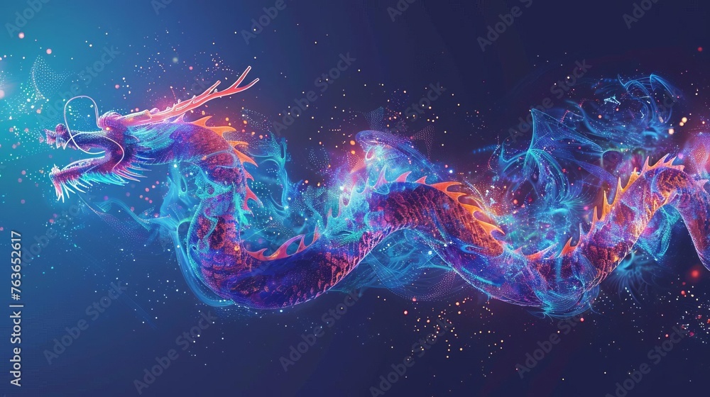 Poster abstract flying dragon on dark blue background representing ai, neural networks and big data