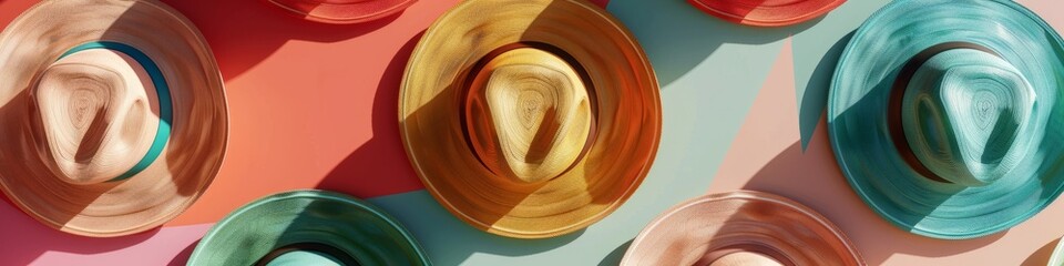 A collection of colorful Mexican sombreros cast shadows in the light, commemorating Cinco de Mayo. Banner.