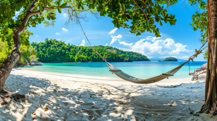 Tropical beach background. Beach hammock hangs on a palm tree over golden sand, calm sea or ocean and sunny sky. Paradisaic delight. Vacation or vacation concept.