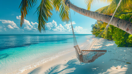 Tropical beach background. Beach hammock hangs on a palm tree over golden sand, calm sea or ocean and sunny sky. Paradisaic delight. Vacation or vacation concept.