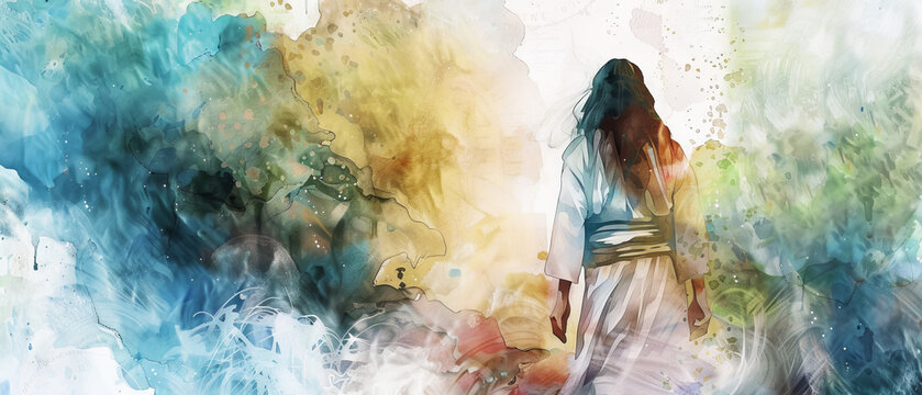 A woman in a white robe creates a vibrant abstract painting using acrylic and watercolor paints outdoors, showcasing her modern artistic skills, Biblical Illustration,