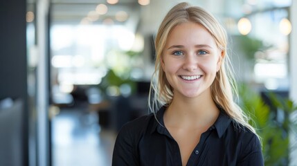 Confident young blonde businesswoman smiling at camera in modern office, leadership portrait, professional photography