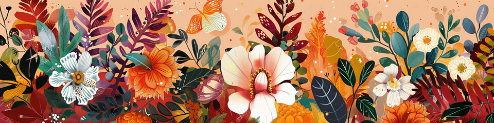 Detailed botanical illustration of flowers and leaves on a soft peach background. Banner.