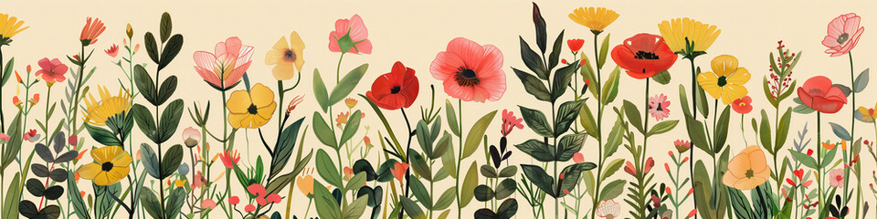 A painting depicting a field filled with colorful flowers in bloom under a bright sky. Banner.