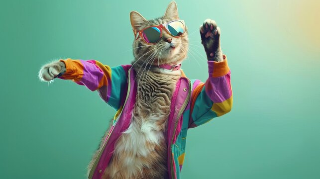 Cool cat wearing colorful clothes and sunglasses, dancing on green background, digital art