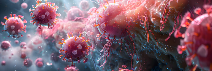 Microworld of Bacteria and Viruses,
Microsopic of red virus bacteria attack blood cells medical and science research concept 
 - obrazy, fototapety, plakaty