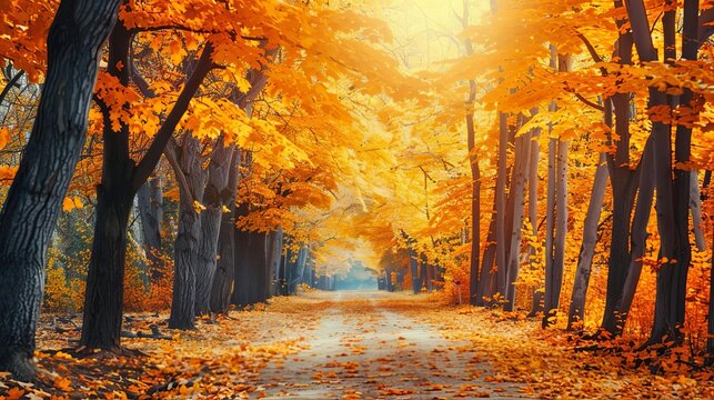 Golden Autumn Alley, Beautiful Foliage and Leaves, Scenic Fall Landscape, Seasonal Nature Photo