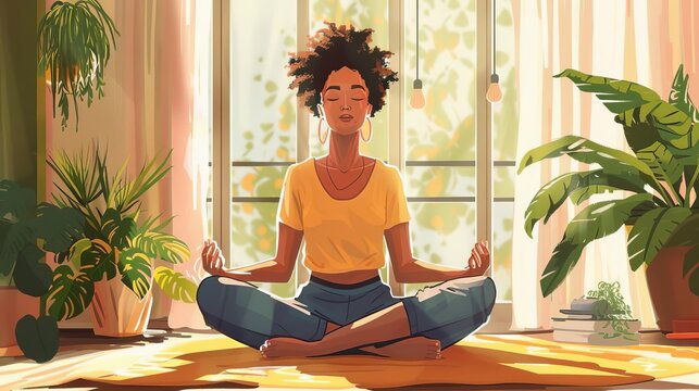 Serene middle-aged woman meditating at home, self-care and mental wellbeing, digital illustration