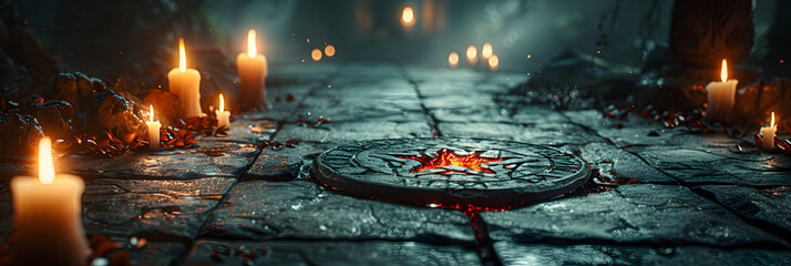 burning wood burning in fireplace,
Runes Laid Out on a Mysterious Altar with a Nearby Candle