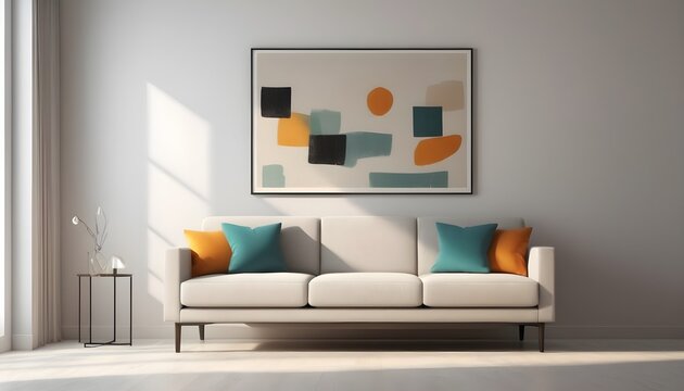 Minimalist, retro, contemporary composition of living room with picture frame and armchair