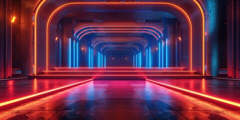Futuristic corridor with neon lights, sci-fi tunnel with vibrant blue and red illumination, modern architecture concept. - obrazy, fototapety, plakaty