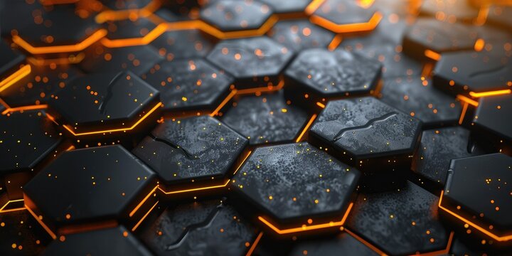 Abstract hexagonal pattern with glowing orange lines on a dark textured surface.