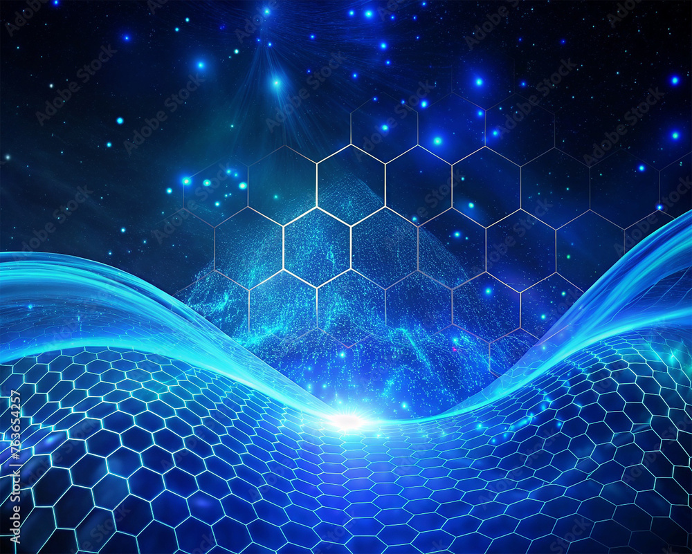 Poster abstract technology background with hexagons and glowing particles. vector illustration.