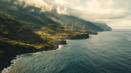 Aerial view of the stunning cliffs and beaches of Madeira Island, Portugal. Natural landscape concept.