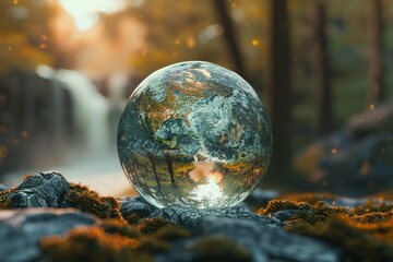 Planet Earth Glass Globe, perfect sphere,smooth surface, perfect symmetry, blurred forest and...
