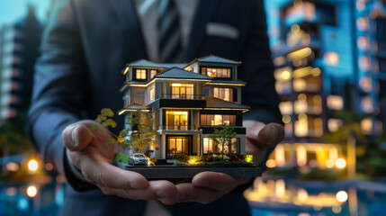 Close-up of a modern architectural project in the hands of a businessman. Technological building in the form of a model. Construction concept, technology.