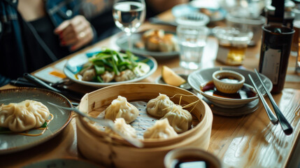 Steamed hot Chinese dumplings in a bamboo basket. Dim sum dumplings. Food concept.