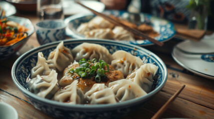 Steamed hot Chinese dumplings in a bamboo basket. Dim sum dumplings. Food concept.