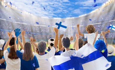 Finland football team supporter on stadium.