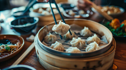 Steamed hot Chinese dumplings in a bamboo basket. Dim sum dumplings. Food concept.