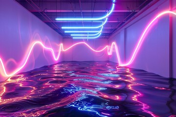 An immersive 3D illustration of abstract neon lights, offering a fluorescent glow and reflections on water, perfect for an exhibition background - obrazy, fototapety, plakaty