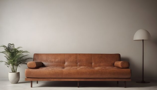 Minimalist, retro, contemporary composition of living room with picture frame and leather sofa