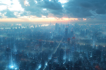 Obraz premium A futuristic cityscape overlaid with blue wireframe style lines, symbolizing satellite coverage and high-speed internet, illustrating advanced marine technology connections