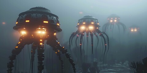 Exploring deep-sea realms, underwater robotics mimic jellyfish movements at dawn, inspired by their graceful silhouettes. - obrazy, fototapety, plakaty