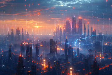 Fototapeta na wymiar A futuristic cityscape overlaid with blue wireframe style lines, symbolizing satellite coverage and high-speed internet, illustrating advanced marine technology connections