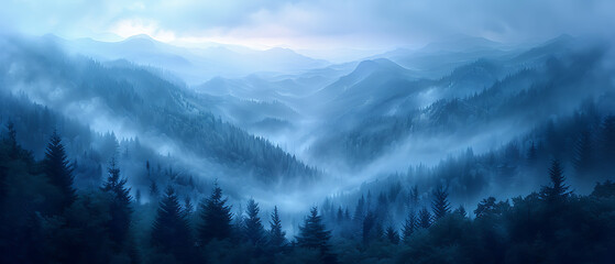 A breathtaking landscape with misty fog or soft clouds, creating a serene and tranquil atmosphere