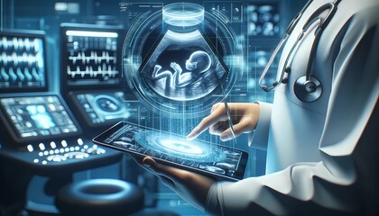 Advanced prenatal care visualization with a doctor analyzing a holographic ultrasound of a fetus, showcasing modern obstetrics and gynecology technology