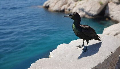 Fototapeta na wymiar European shag, common shag, black bird on stone near sea in summer in Monaco